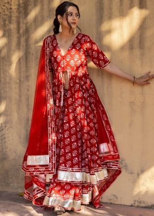 Red Floral Printed Slitted Kurti Style Lehenga