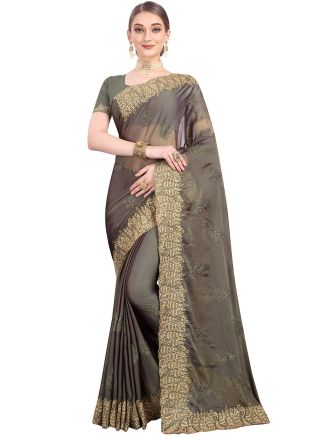 Grey Chiffon Heavy Border Embroidered Saree