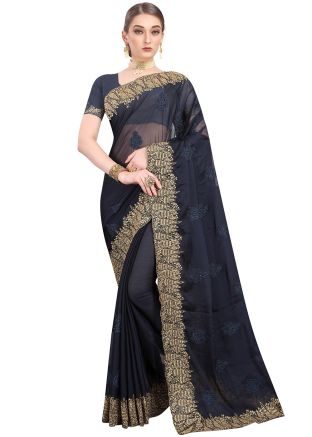 Navy Blue Chiffon Heavy Border Embroidered Saree
