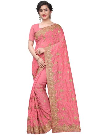Peach Heavy Border Embroidered Art Silk Saree