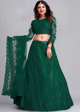 Green Net Embroidered Lehenga Choli
