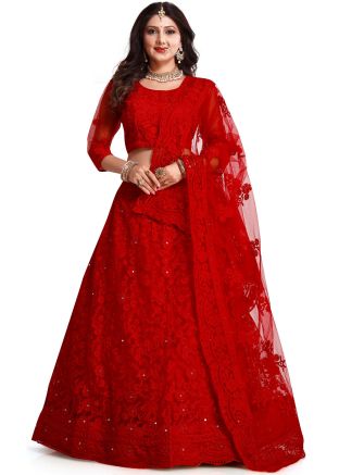 Red Thread Embroidered Net Lehenga Choli