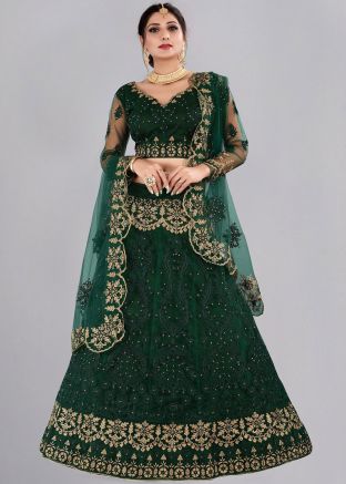 Green Net Embroidered Lehenga Choli & Dupatta