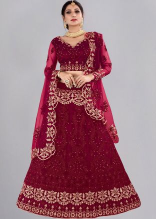 Maroon Embroidered Net Lehenga Choli & Dupatta