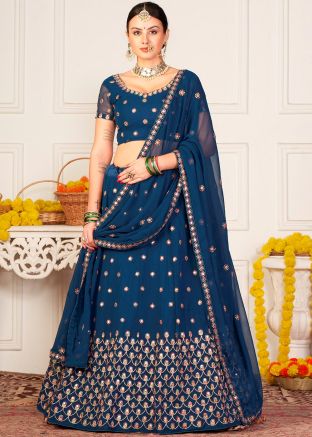 Teal Blue Embroidered Georgette Lehenga Choli
