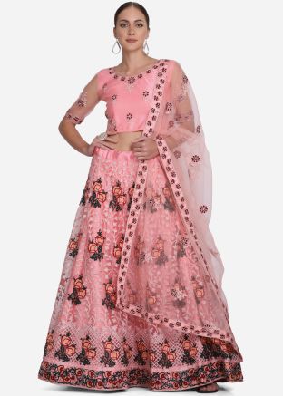 Pink Net Embroidered Lehenga Choli
