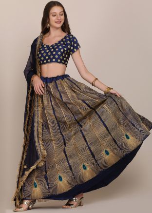 Navy Blue Zari Embroidered Art Silk Lehenga Choli