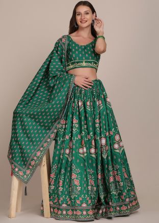 Green Floral Print Crape Lehenga Choli