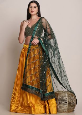 Yellow Pleated Style Satin Lehenga Choli
