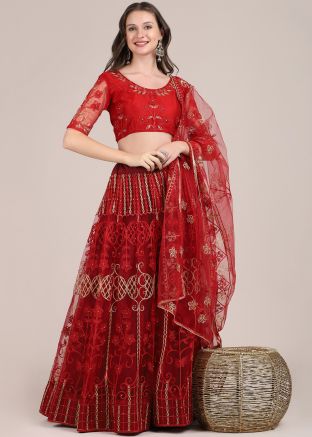 Maroon Thread Embroidered Net Lehenga Choli