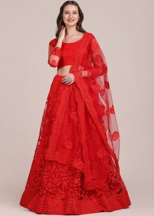 Red Thread Embroidered Lehenga Choli In Net