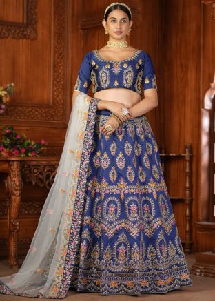 Navy Blue Embroidered Art Silk Lehenga Choli