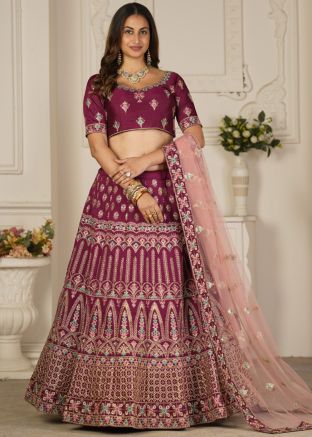 Magenta Embroidered Lehenga Choli In Art Silk