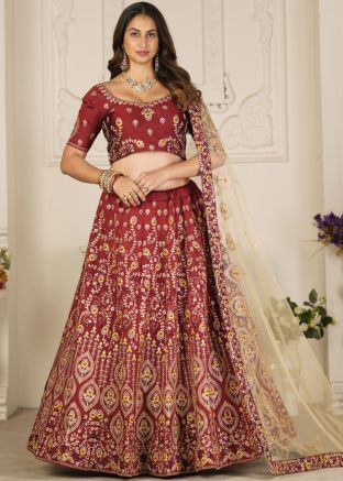 Maroon Embroidered Lehenga Choli In Art Silk