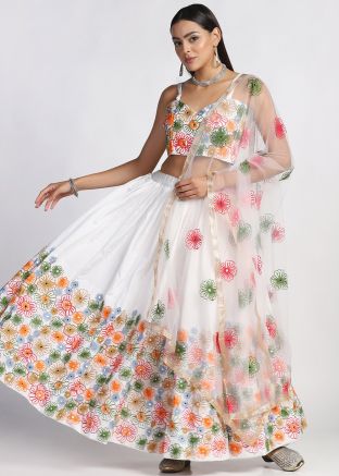White Mirror Work Lehenga Choli In Art Silk