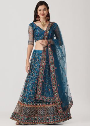 Blue Embroidered Net Lehenga Choli 