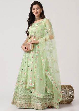 Green Stone Work Lehenga Choli In Net