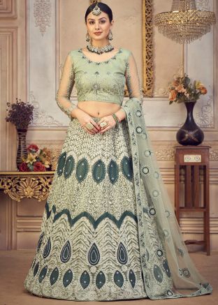 Green Stone Work Lehenga Choli In Net