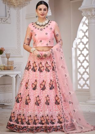 Pink Net Embroidered Lehenga Choli