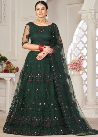 Green Mirror Work Lehenga Choli In Net