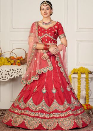Red Zari Embroidered Lehenga Choli