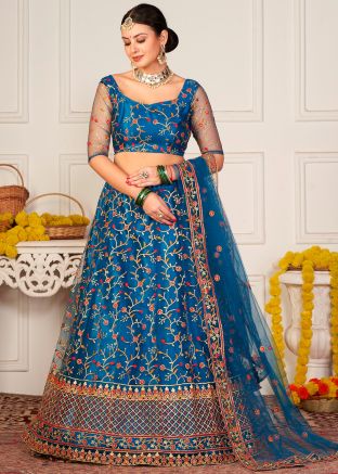 Blue Embroidered Lehenga Choli In Net