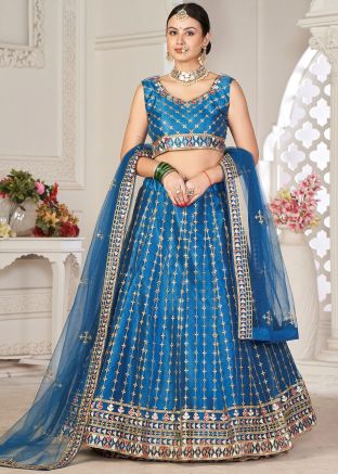 Blue Stone Work Lehenga Choli In Net