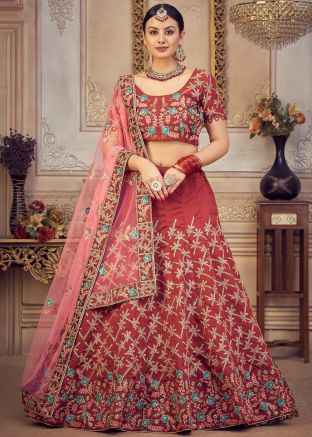 Maroon Embroidered Lehenga Choli In Art Silk