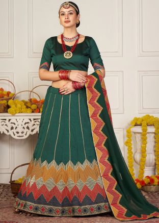 Green Embroidered Lehenga Choli In Art Silk