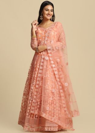 Peach Embroidered Lehenga Choli In Net