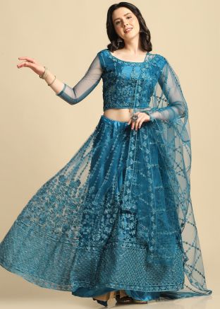 Blue Net Embroidered Lehenga Choli
