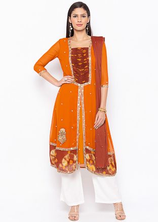 Readymade Orange Embroidered Flared Pant Suit