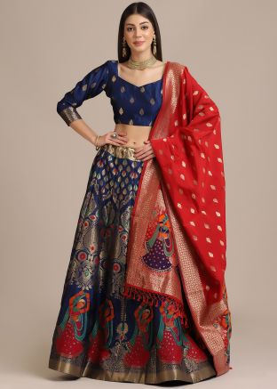 Blue Jacquard Lehenga Choli In Zari Woven Work