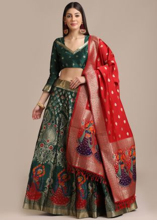 Green Zari Woven Lehenga Choli In Jacquard