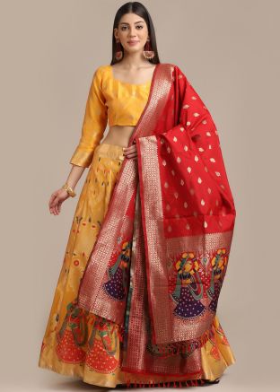 Yellow Zari Woven Lehenga Choli In Jacquard
