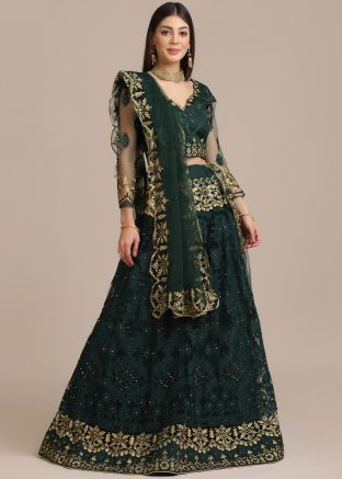 Green Net Embroidered Lehenga Choli