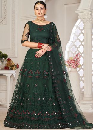 Green Mirror Work Lehenga Choli In Net
