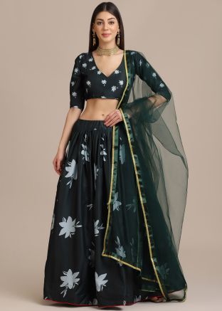 Black Floral Printed Crape Lehenga Choli