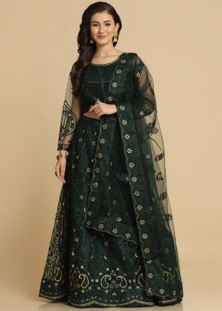 Green Beads Work Lehenga Choli In Net