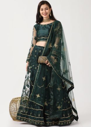 Green Net Embroidered Lehenga Choli