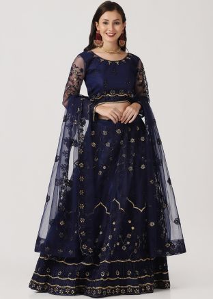 Blue Stone Work Lehenga Choli In Net