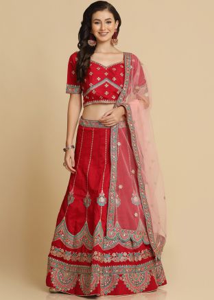 Red Embroidered Art Silk Lehenga Choli