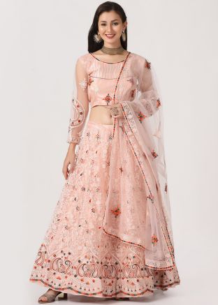 Peach Embroidered Lehenga Choli In Net