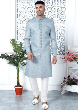 Dull Blue Readymade Art Silk Embroidered Men Indowestern Sherwani
