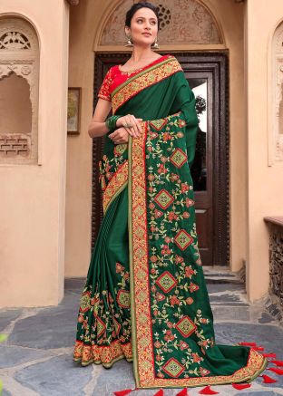 Green Embroidered Satin Heavy Border Saree