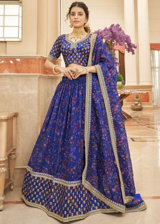 Blue Floral Printed Lehenga Choli In Organza