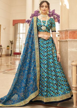 Blue Embroidered Lehenga Choli In Art Silk