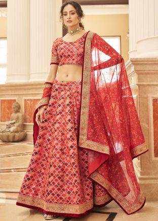 Red Embroidered Art Silk Lehenga Choli