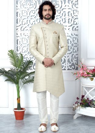 Pastel Green Readymade Embroidered Men Indowestern Sherwani In Art Silk