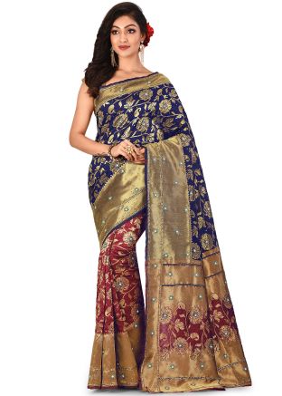 Maroon and Navy Blue Floral Woven Half N Half Saree